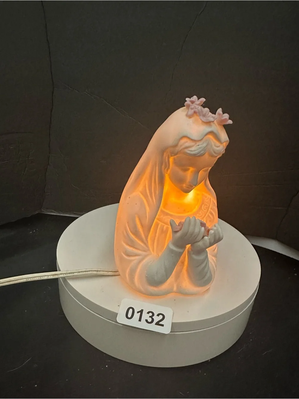White Ceramic Virgin Mary Figurine with Pink Flower Accents